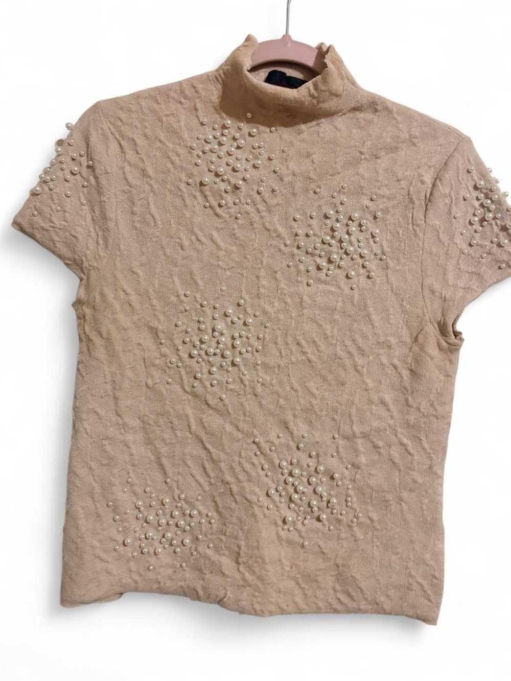Zara Pearl-Embellished Short Sleeve Mock Neck Top - Beige